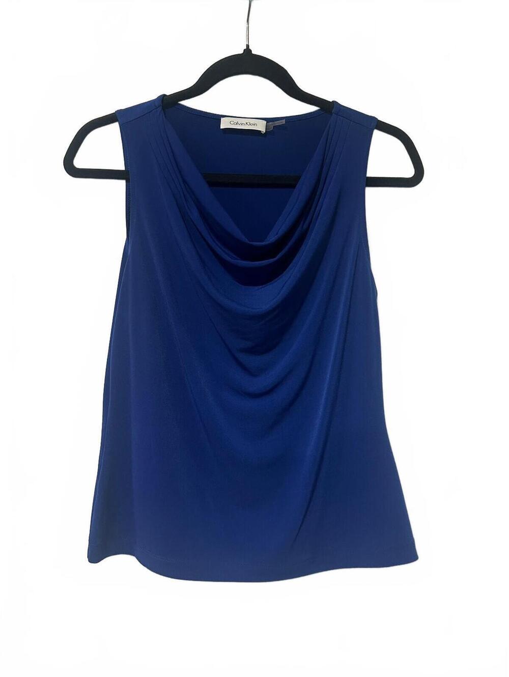 Calvin Klein royal blue sleeveless draped neck blouse